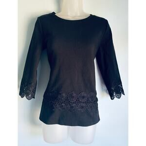 Talbots Petite Small Black Lace Adorned Knit Top